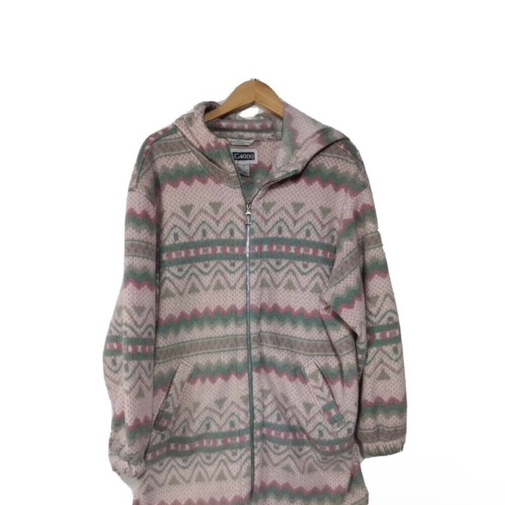 G4000 Womens Jacket Vintage Fleece Pink Green Aztec Stripe Pattern size Medium